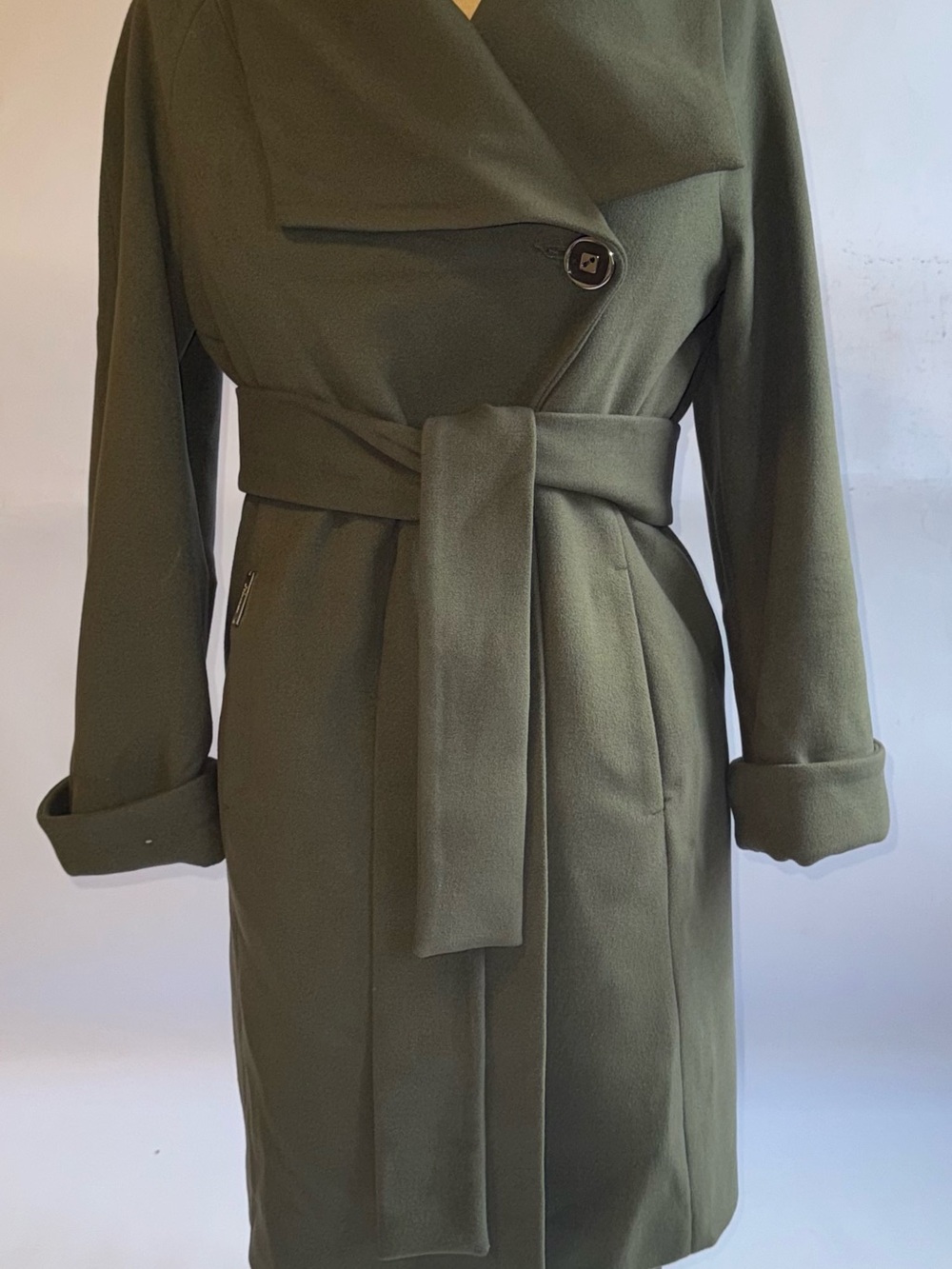 KORNEV Women’s Size 8 Olive Green Wool Blend Belted Wrap Coat Made Europe